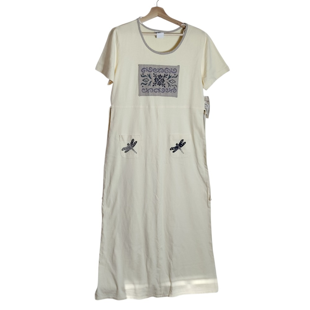 Nina Piccalino Vintage Cream Cotton Dragonfly Maxi Dress Size 10 Made in USA